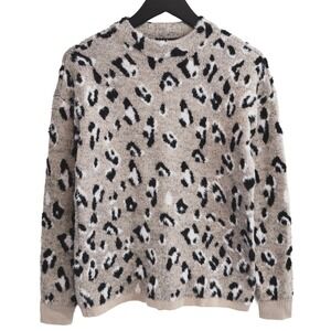 Tribal Leopard Print Sweater Womens PS Tan Black Fuzzy Knit Winter Pullover Top